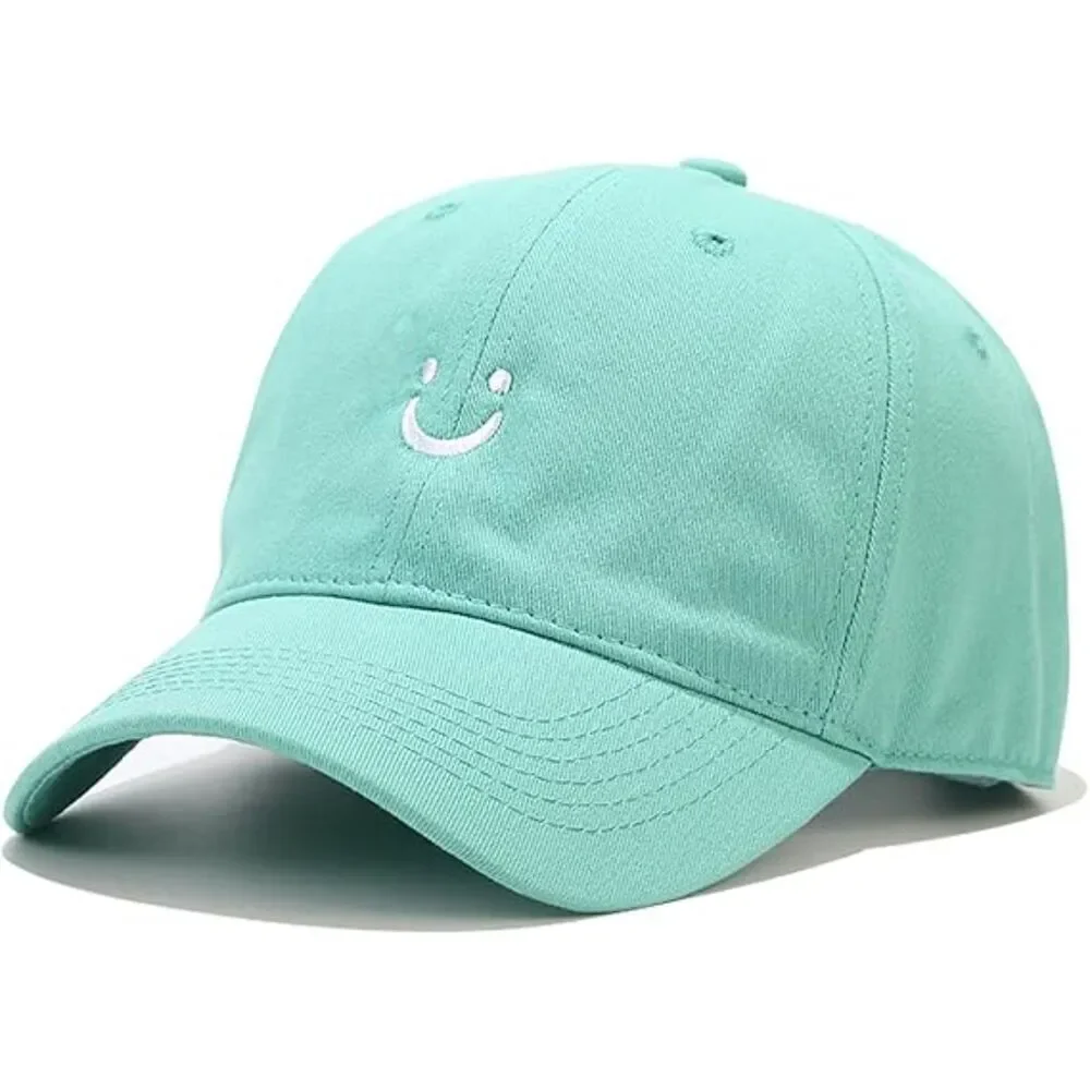 Unisex Aqua 100% Cotton Smile Face Embroidered Adjustable Classic Baseball Cap